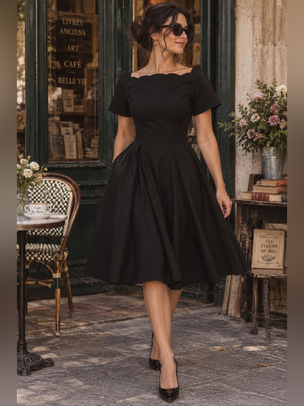 Belle Poque Vintage 1950s Black Swing Dress with Scalloped Neckline and Smocked